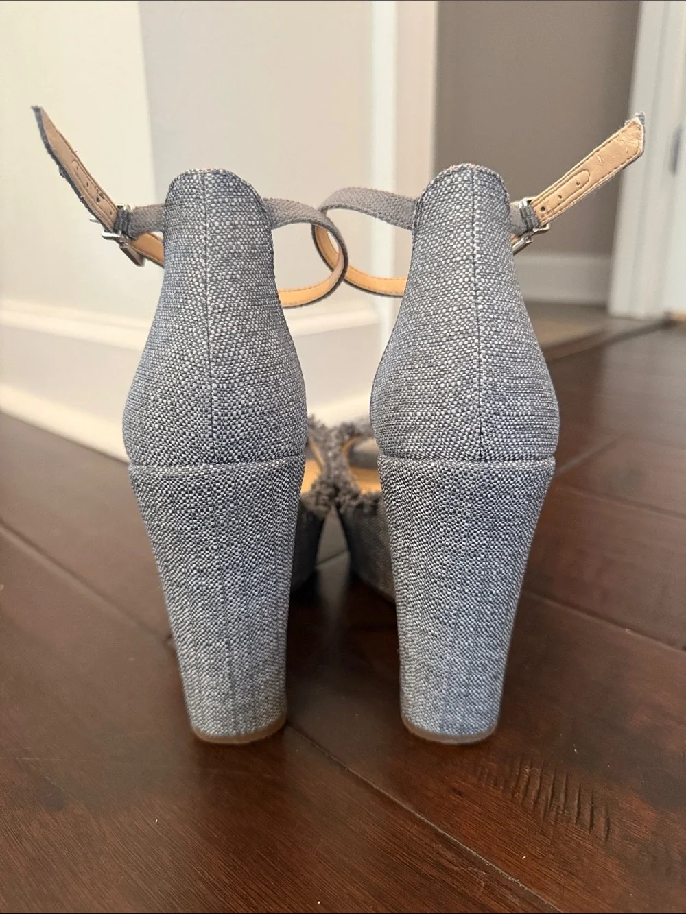 Vince Camuto Bluish Gray Frayed Ankle-Strap Platform Sandals